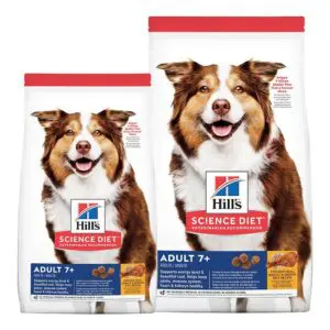 Adult 7+ Dry Dog Food 15 and 33 pound size bags.