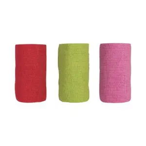 Hoof Solutions Safe Wrap (4 inch x 5 yard) , (100 count) , in neon green, pink and red.