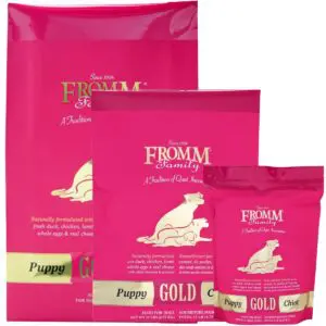 Gold Puppy Dry Dog Food 5, 15 and 33 pound bag sizes.
