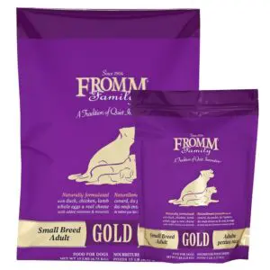 Gold Small Breed Adult Dry Dog Food 5 and 15 pound bag sizes.