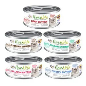 PureVita Grain Free Canned Cat Food beef, chicken, ocesn, salmon and turkey in 5.5 oz size 12 count.