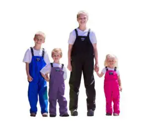 Kids waterproof bibbed overalls all blue, purple pink and black