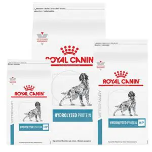 Hydrolyzed Protein Adult HP Dry Dog Food (7.7 lb), (17.6 lb) and Hydrolyzed Protein Adult HP Dry Dog Food (25.3 lb) size bags.