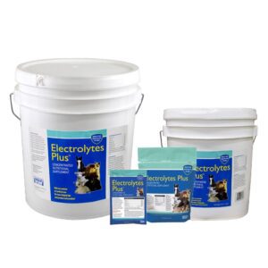 Electrolytes Plus 6 oz, 6 lb, 25 lb bucket and 50 lb bucket sizes.